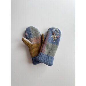 Handmade Upcycled Wool Sweater Embroidered Patchwork Mittens, One Size